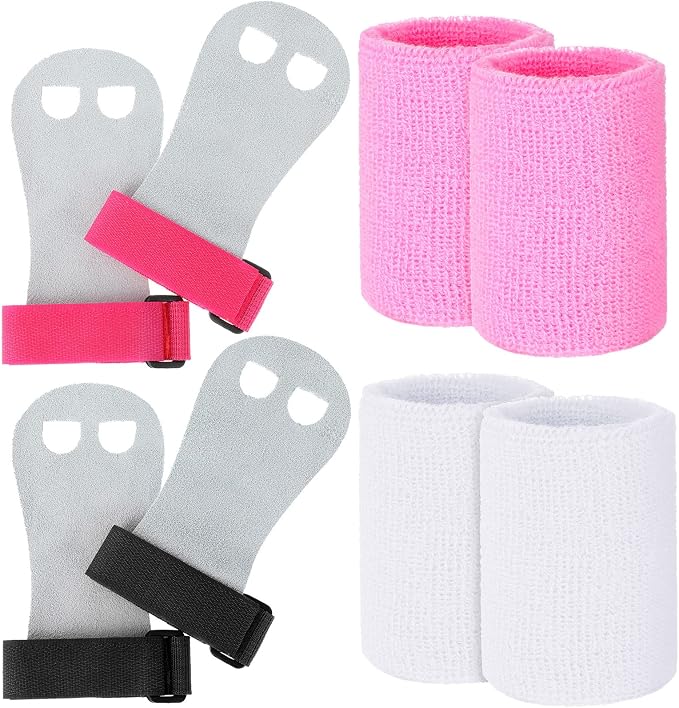 2 Gymnastics Grips Wristbands Sets for Kids Youth, Palm Protection and Wrist Support Sports Accessories for Workout Exercise (Pink, Black, White)