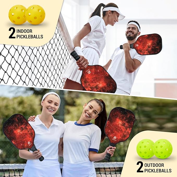 Dulce DOM Pickleball Paddles Set of 2/4 - USAPA Approved, 4 Indoor Outdoor Pickleball Balls, Fiberglass Surface Paddle Racket with Cover Bag, Ideal Training Equipment Gift for Men & Women