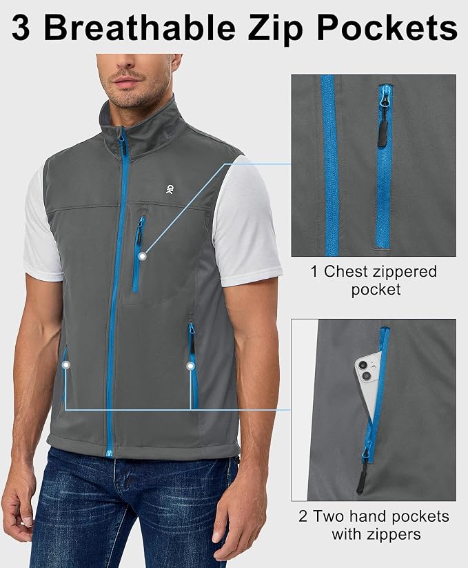 Little Donkey Andy Men's Lightweight Softshell Vest, Windproof Sleeveless Jacket for Running, Hiking, Cycling, Golf