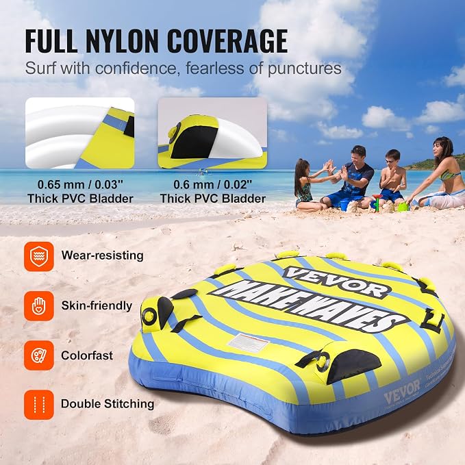 VEVOR Towable Tubes for Boating, 1-4 Riders Inflatable Boat Tubes & Towables, 340-680 lbs Capacity, Multiple Sizes with Full Nylon Cover, Padded/EVA Handles, Fins & Safety Valve (Multi-Option)