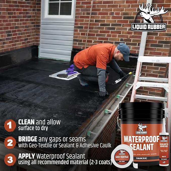 Liquid Rubber Waterproof Sealant – DIY Leak Repair Coating for Flat, Metal & Low Slope Roofs, Foundations, Gutters & More – Flexible Protective Membrane - Black - 5 Gallon