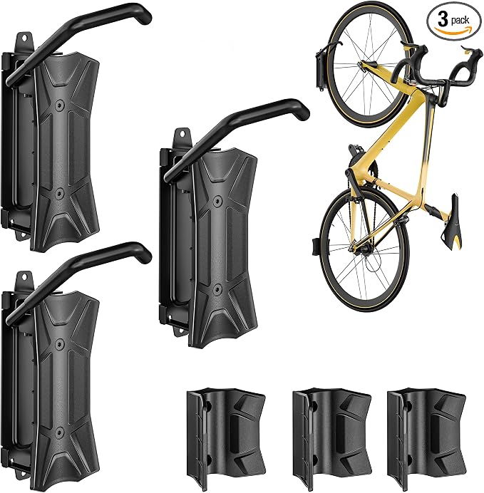 monTEK Heavy Duty Bike Wall Mount, Swivel Bike Wall Hanger Holds Up to 77lbs, Space-Saving Bike Rack Garage, Bike Storage for Bedroom Home Office, 3 Pack