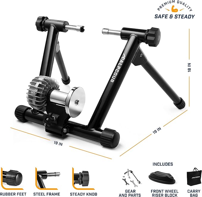 Alpcour Fluid Bike Trainer Stand for Indoor Riding – Portable Stainless Steel Indoor Trainer, Noise Reduction, Progressive Resistance, Dual-Lock System – Multipurpose Bike Trainer Mat – 36”x78”