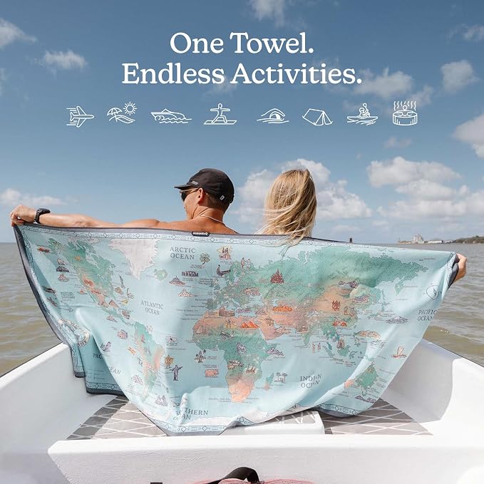 Nomadix Original Towel – Fast-Drying, Ultra-Absorbent, Sand-Resistant & Made from Recycled Materials - World Map - 72.5" x 30"