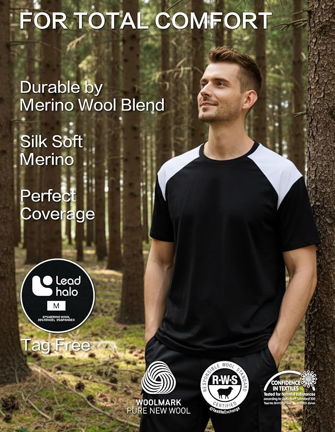Merino Wool Crewneck T Shirts for Men for Athletic Running Workout, Lightweight Mens Moisture Wicking Shirts