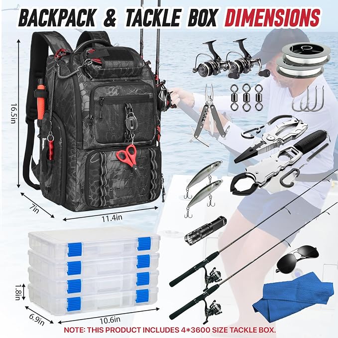Fishing Tackle Backpack,Tackle Bag with 2 Rod Holders & 4 Tackle Boxes, Water-Resistant Large Storage Fishing Gear and Equipment, Fisher Gifts for Men, Black Camo