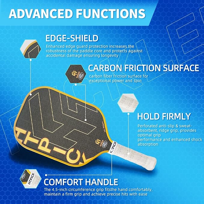 Pickleball Paddles, Carbon Fiber Pickleball Paddle High Grit & Spin with PP Honeycomb Core 16mm Thickness and Thermoformed Elongated Shape, Increased Power for Ultimate Spin & Consistency