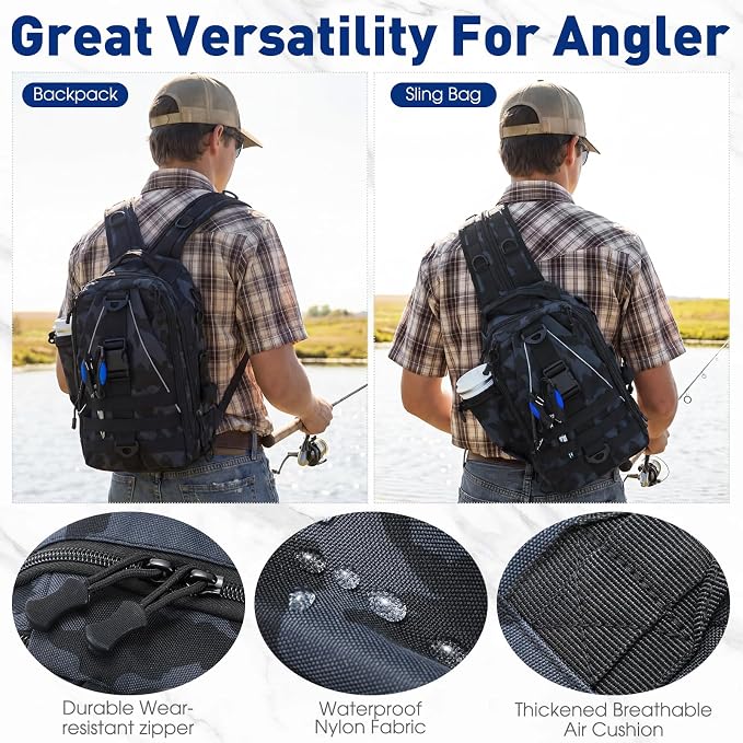 RoundFunny 256 Pcs Fishing Backpack with Tackle Box Gears, Tackle Sling Bag Backpack, Fishing Hook, Lures, Retractable Landing Net, Plier, Lip Gripper, Hook Remover, Fish Gift Men