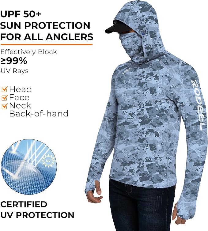 Rodeel Men's UPF 50+ Performance Fishing Hoodie, Long Sleeve Sun Protection Athletic Quick-Dry Breathable T-Shirt