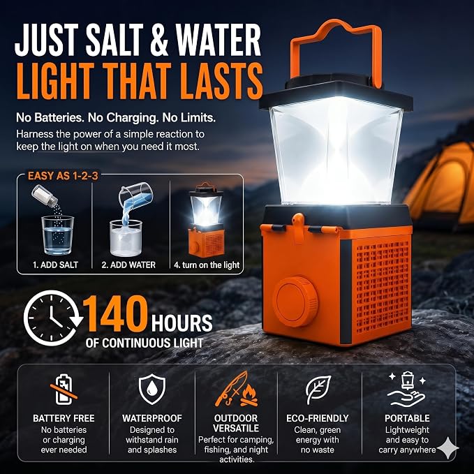 Environmentally Conscious Lighting, Saltwater Camping Lantern - Survival & Emergency Outdoor Ligh Simply add Salt Water to Activate The Light. It's that Easy
