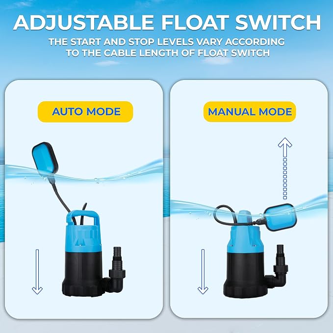 Automatic Water Pump, 2250GPH Sump Pump Submersible Basement Portable Electric Utility Water Pump Removal for Pool Draining Basement Hot Tubs Garden Pool Cover Pond, Blue