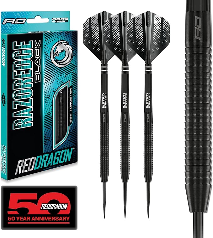 RED DRAGON Razor Edge Black Professional Darts Set - 85% Tungsten Darts with Flights & Shafts - Available in Soft Tip 18g Barrel/20g Full Weight and Steel Tip 20g - 28g