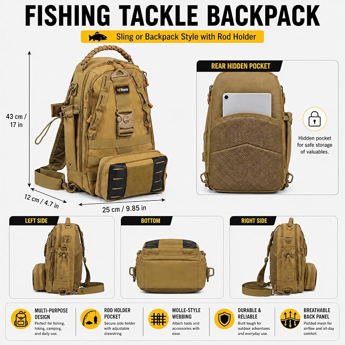 Tovra Fishing Tackle Backpack with Rod Holder & Removable Storage Pouch – Waterproof Sling Bag, Fits Up to 3 3700 Tackle Boxes, MOLLE Fishing Backpack for Rods, Pliers, Water Bottle & Outdoor Gear