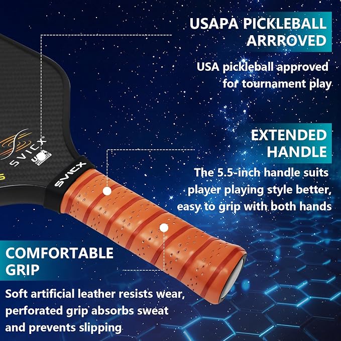 Carbon Fiber Pickleball Paddle 16mm – Professional Pickleball Paddles with Superior Control, Power & Spin – Extended Handle for Two-Handed Grip, USAPA Approved