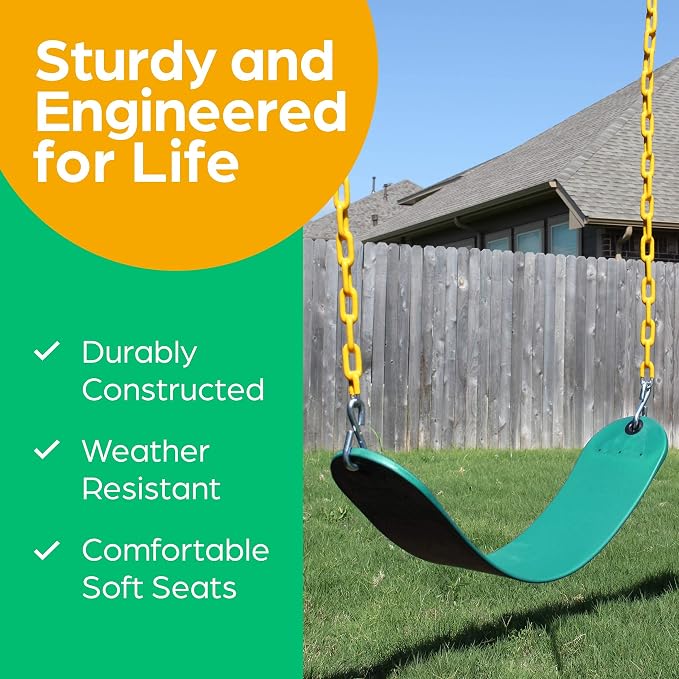 Jungle Gym Kingdom Swing for Outdoor Swing Set - Swing Seat Replacement Kit with Heavy Duty Chains - Backyard Swingset Playground Accessories for Kids - Green, 2 Pack