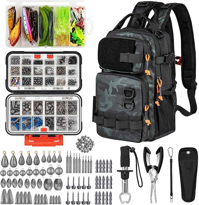 THKFISH Fishing Tool Kit, Backpack and Tackle Box with Tackle Included Lures Hooks Sinkers Accessories Kit,Pliers, Fish Lip Gripper, Fishing Gear and Fishing Gift for Men