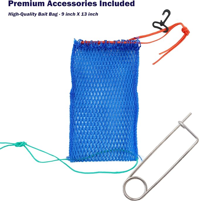 Stainless Collapsible Crab Net with 100ft Rope, Bait Bag, Clip & Ruler – 6 Pieces Portable Crab Trap for Easy Storage – Durable Grid Design for Dock & Pier Crabbing