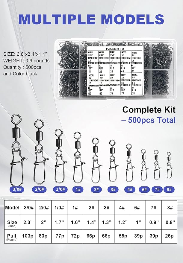 500 Pcs - Fishing Swivels Stainless Steel Barrel Swivels Fishing Tackle Kit with Assorted Sizes for Saltwater & Freshwater Rigs