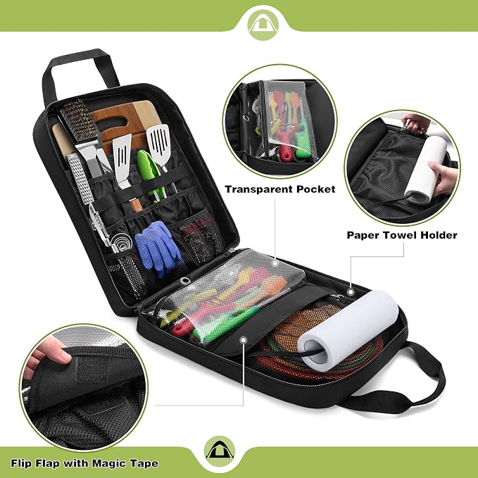 HODRANT Hanging Camp Utensil Organizer & Anti-oil BBQ Grilling Apron, Camping Kitchen Cookware Bag with Towel Paper Holder & Cooking Apron for Men & Women with Dual Shoulder Straps & Adjustable Buckle