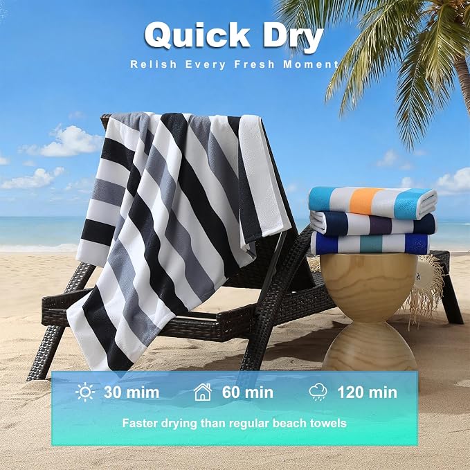 Jessy Home 4 Pack Striped Oversized Beach Towel Set, 40x70 Inch Microfiber Sandproof Quick Dry Super Soft Swim Towels, Absorbent Stylish Pool Towels, Swim Cover Up for Beach Vacation Travel