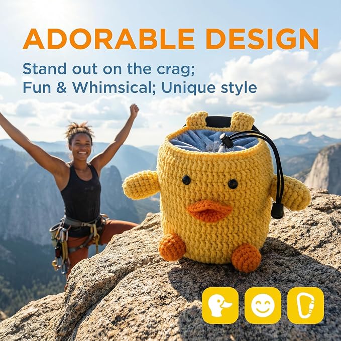 Handmade Crochet Rock Climbing Chalk Bag, Fun Plush Animal Chalk Pouch with Drawstring, Adjustable Waist Belt for Indoor Outdoor Bouldering Sport Climbing