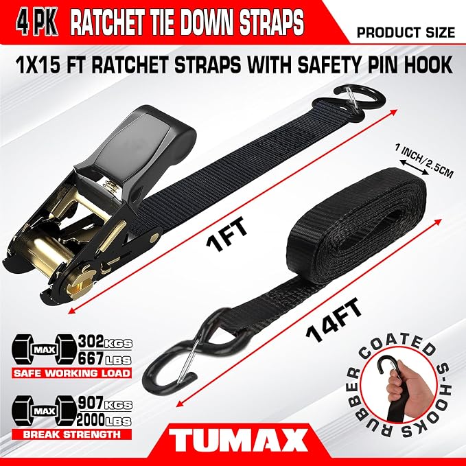 4-Pack Ratchet Straps, 15 FT Heavy Duty Tie Down Straps with 2000 LBs Break Strength, Ergonomic Rubber Handle & 4 Soft Loops, Cargo Straps for Motorcycle, ATV, UTV, Trailer & Moving - Black
