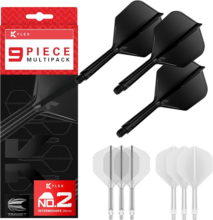 Target Darts K-Flex Integrated Dart Flights and Shafts, Kflex 9 Pack Bundle, Multipack - K Flex 3 Colours | Black, White, Clear, Red, Green, Blue, Pink, Orange, Yellow | Short, Intermediate, Medium
