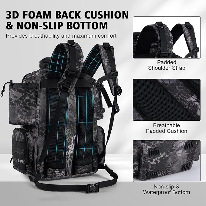 Goture Fishing Backpack with 4 Tackle Boxes,900D Water-Resistant Tackle Backpack with Rod Holders,SBS Zippers,45L Large Tackle Storage Gear Bag with Rain Cover,Bottle Holder for Travel Camping Hiking