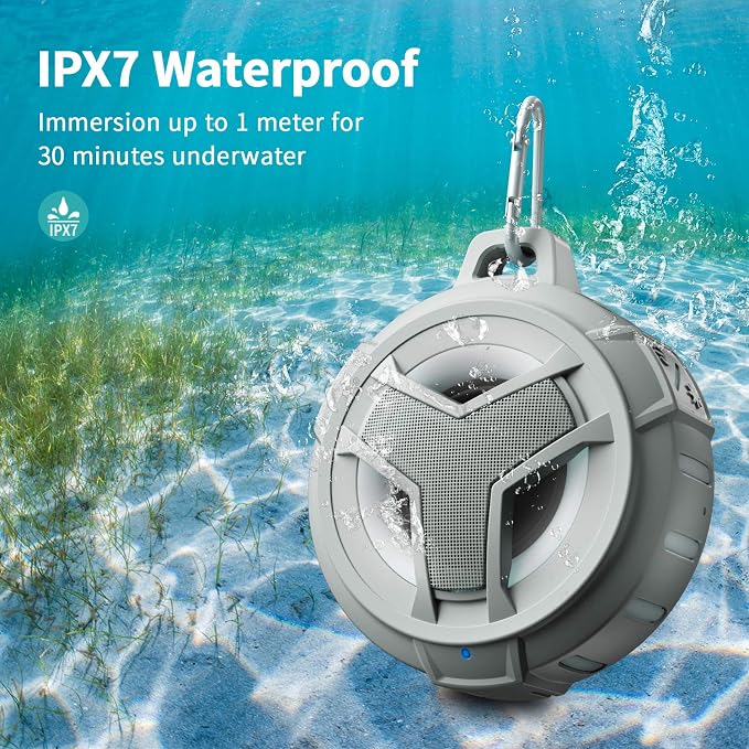 EBODA Bluetooth Shower Speaker, Waterproof Portable Bluetooth Speakers, IP67 Waterproof Wireless Speaker with LED Light, Floating, 2000mAh, True Wireless Stereo for Kayak, Beach, Gifts for Men, Women