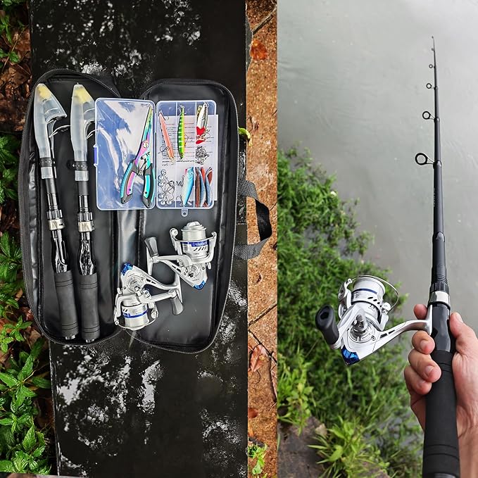 Fishing Rod and Reel Combos, 2PC Telescopic Fishing Pole Spinning Reels Sets, Collapsible Fishing Rod Full Kit with with Fishing Pliers Carrier Bag for Travel Saltwater Freshwater