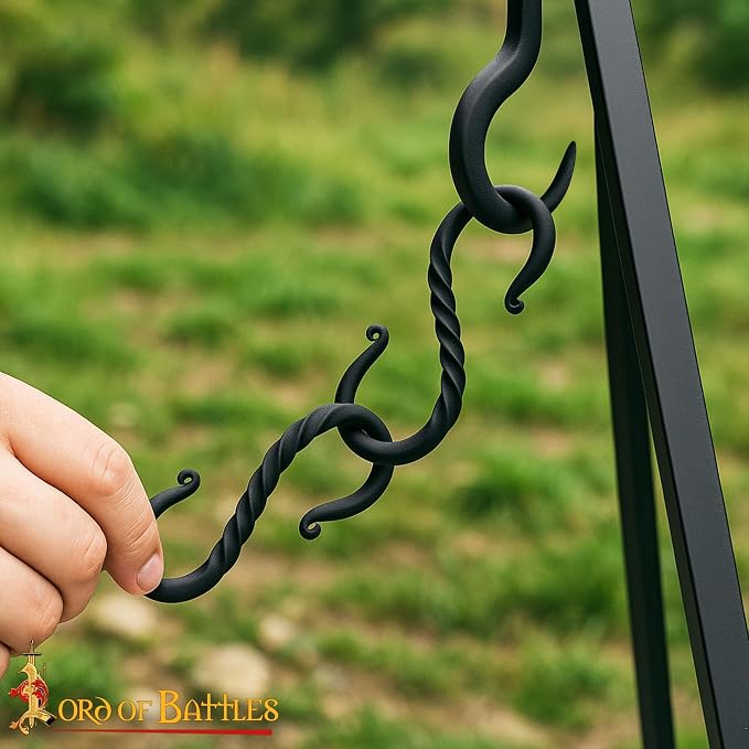 Lord of Battles Twisted Hand Forged Iron S-Hooks Set of 5 - Medieval Rustic Twisted Black S-Shaped Heavy Duty Hanging Hooks for Kitchen, Camping, Garden & Home
