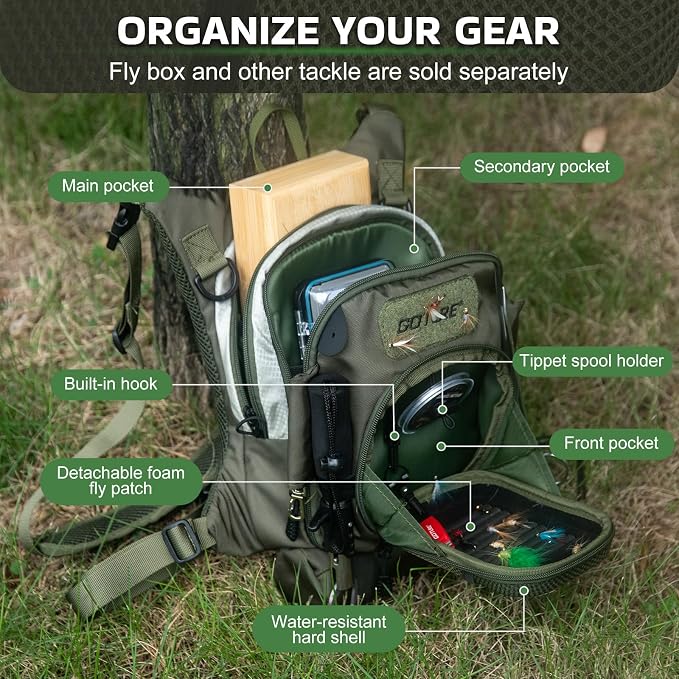 Goture Fly Fishing Chest Pack, Lightweight Chest Pack Tackle Storage Bag, Fly Fishing Bag with Adjustable Padded Neck Strap and Waist Strap, Hard Shell Front Pocket, Water Bottle Pouch, Gifts for Men
