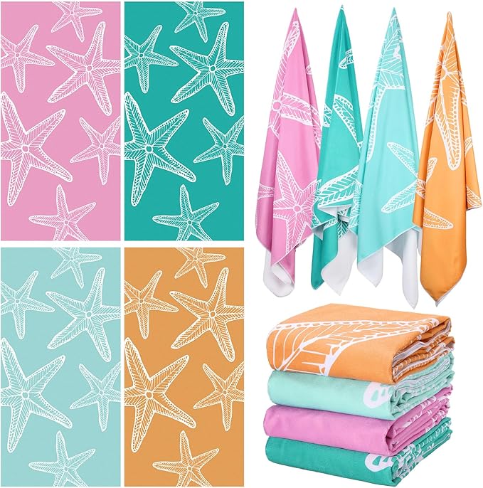 Tegeme 4 Pack Coastal Starfish Microfiber Thin Beach Towel Lightweight 71x36 Oversized Extra Large Sand Free Towels Quick Dry for Travel Pool Yoga Sports Beach Accessories Vacation Essential Gift
