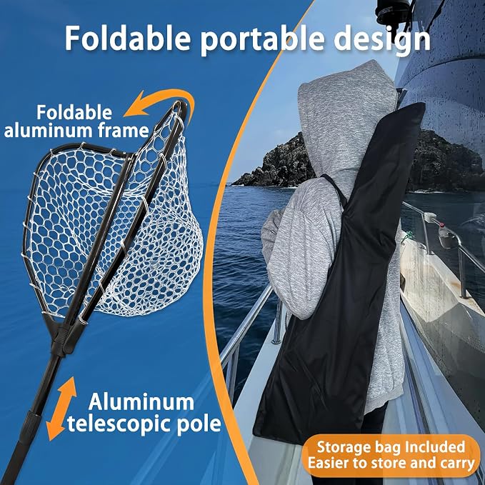 74.8in Fishing Net with Handle, Collapsible Foldable Landing Net Extendable with Aluminum Handle, Large Rubber Foldable