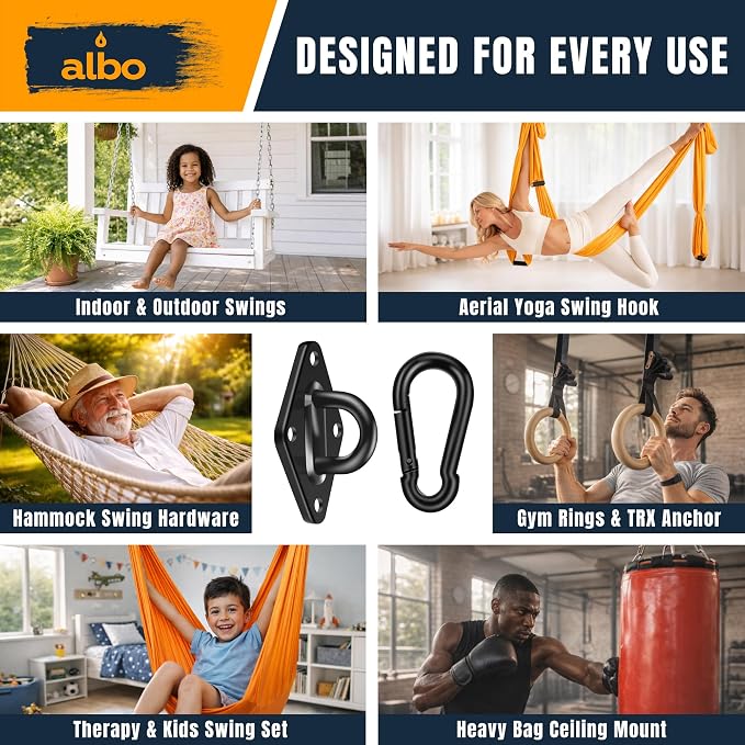 Albo Diamond Plate 2650lbs Swing Hangers 4 PCS - Heavy Duty Ceiling Mount Hooks with Snap Carabiners, 304 Stainless Steel for Wood & Concrete & Metal, Indoor Outdoor Anchor for Hammock, Yoga, TRX