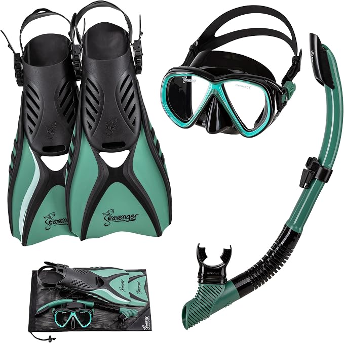 Seavenger Hanalei Anti-Fog 4-Piece Snorkeling Set with Soft-Flex Dry Snorkel, Adjustable Open-Heel Fins, Twin-Lens Mask, and Mesh Bag