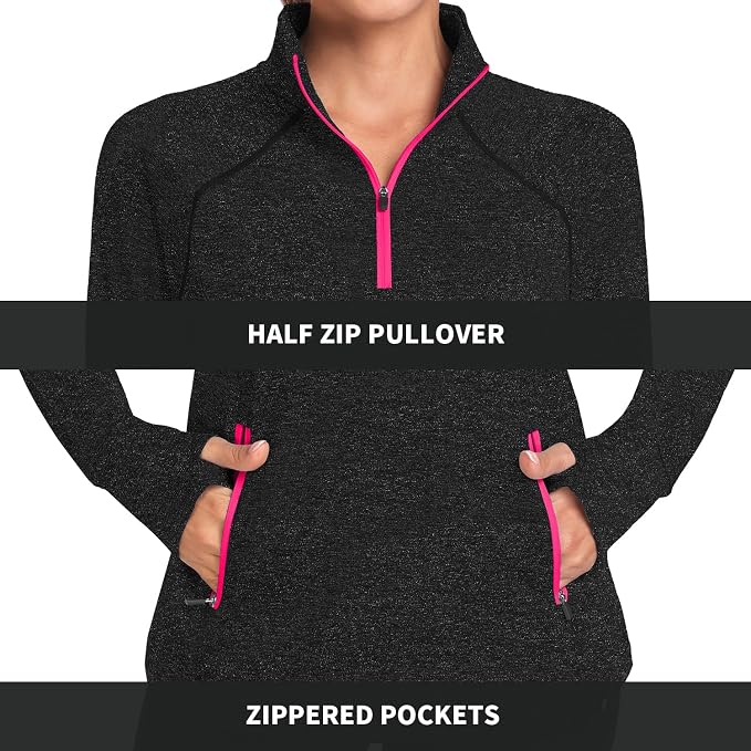 Soneven Women's Thermal Fleece Running Shirts Warm Winter Pullover Cold Weather Workout Hiking Tops with Thumb Holes Pockets