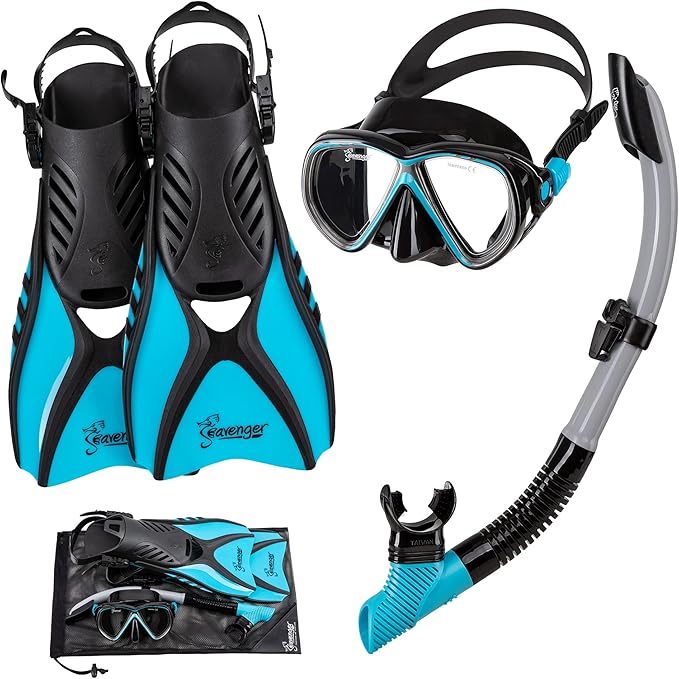 Seavenger Hanalei Anti-Fog 4-Piece Snorkeling Set with Soft-Flex Dry Snorkel, Adjustable Open-Heel Fins, Twin-Lens Mask, and Mesh Bag