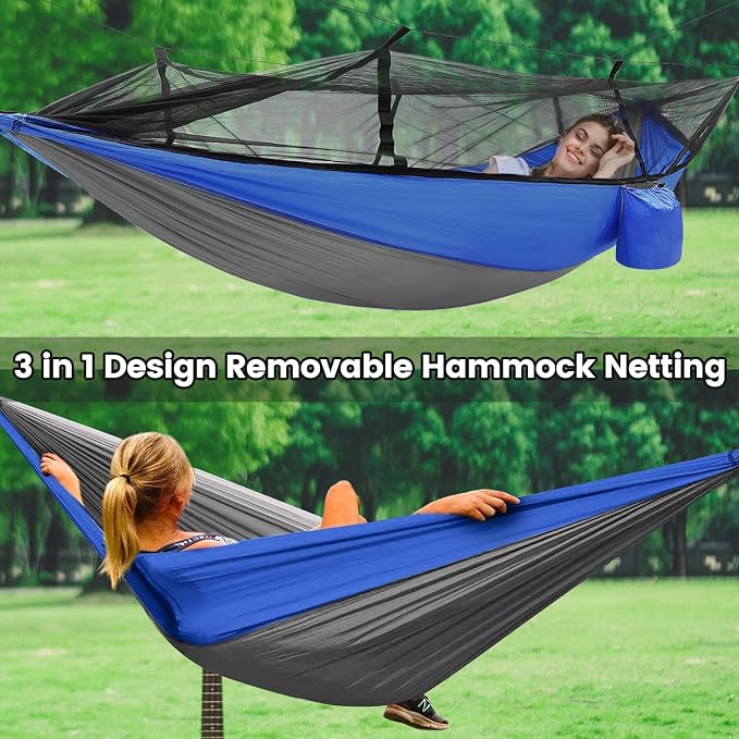 Camping Hammock with Mosquito Net & Rain Fly Tent Tarp & Tree Straps Portable Strong Nylon Hammock Parachute Tent w/Storage Bag for Camping Hiking Backyard Outdoor Backpacking Travel