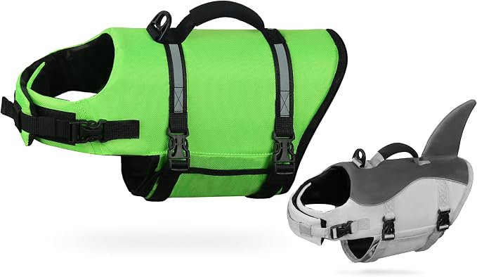AMZNOVA Shark Dog Life Jacket + Rip Stop Dog Life Jacket, Durable Handle Reflective Buoyance