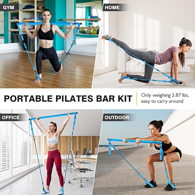 Ayombo Pilates Bar Kit with Resistance Bands, Pilates Workout Equipment for Legs, Hip, Waist, Arm, Squats Exercise Equipment for Home Workouts, Adjustable 3-Section Pilates Bar Kit for Women & Men