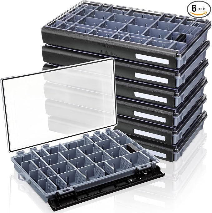 Junkin 6 Pack 3700 Fishing Tackle Boxes Waterproof, High-vis Black Lure Organizer Trays with Removable Dividers, Airtight Bait Storage Case for Bass Fishing Backpacks & Kayak Gear Accessories