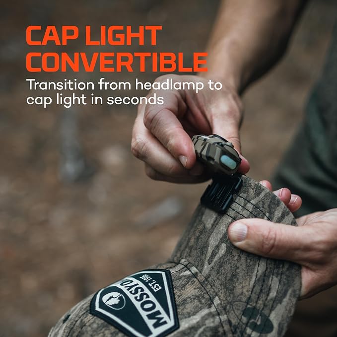NEBO MYCRO 450 Headlamp | 450 Lumens, 6 Light Modes, White Red & Green Light, USB Rechargeable, Water Resistant, Adjustable Strap, Cap Light, Bright Light for Camping & Hiking – Mossy Oak Bottomland