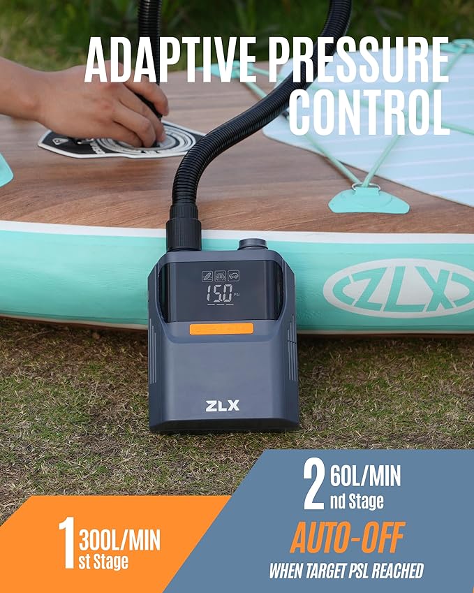 ZLX Electric Paddle Board Pump, 50PSI Air SUP Pump with High Pressure Dual Stage, Auto-Off Inflation/Deflation & Rechargeable Paddle Board Accessories for Inflatables, Kayaks, Boats, Air Mattresses