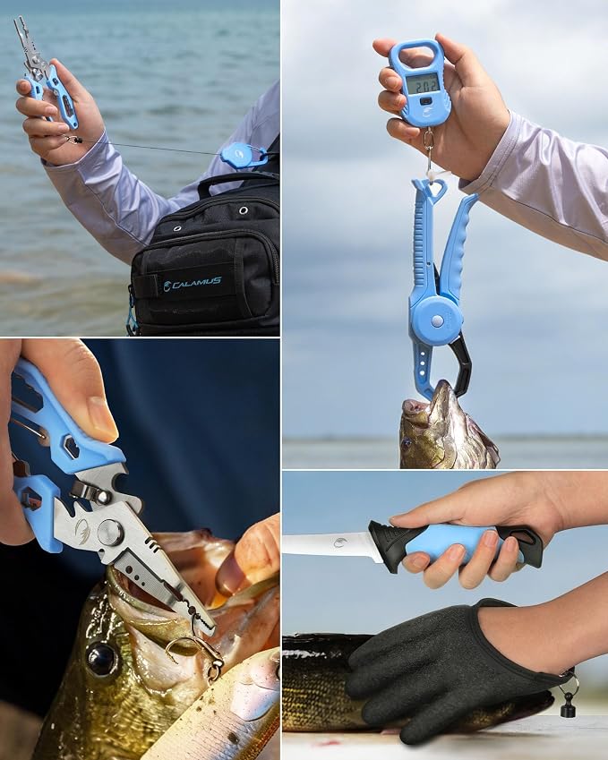 Calamus DriftWave Fishing Tool Kit | Multi-Function Tool Kit, Corrosion-Resistant Pliers, Fish Lip Gripper with Tape Measure, Digital Fish Scale, Fishing Gear