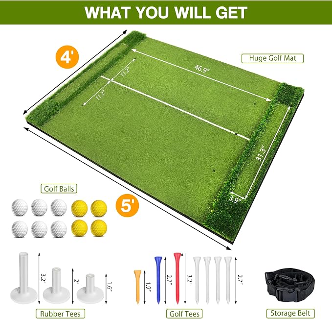 VIVITORY 5x4ft 21mm-45mm Golf Mat with Ball Tray, Thickening Golf Hitting Mat, Integrated Golf Practice with 10 Golf Balls, 7 Golf Tees, Artificial Golf Turf Mat Practice Swing Mats
