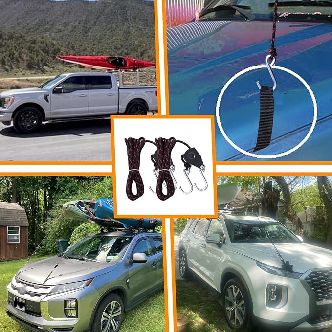 Mind and Action Kayak Tie Down Straps,Quick Hood Loops Trunk Anchor,Canoe Transport Accessories Secure Vehicle Lashing Point (2 Pulley Hooks)