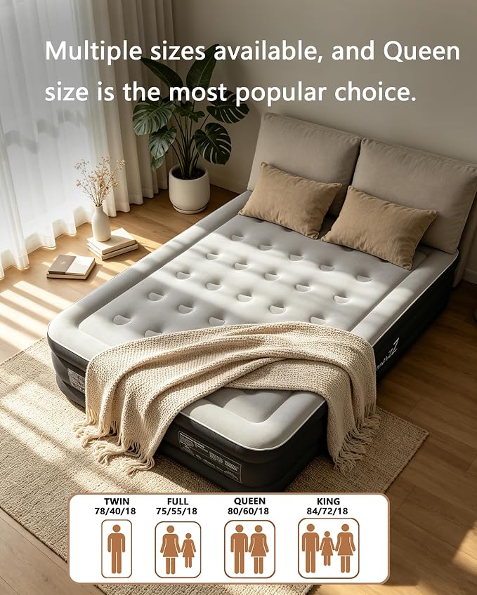 air Mattress Queen with Built in Pump – 18-Inch Thickened Inflatable Mattress for Easy Travel, Supports Up to 650 Pounds Pounds (Black, Queen)