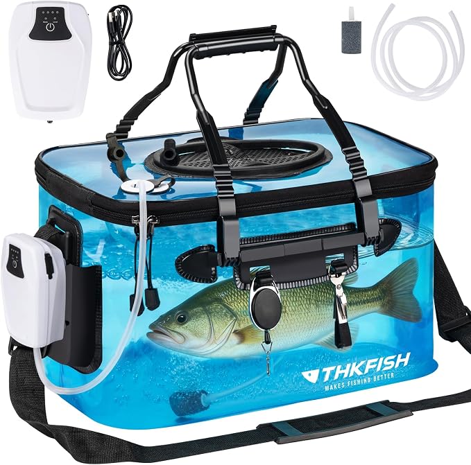 THKFISH Foldable Transparent Fishing Bucket, 4/6/8 Gallon Foldable Bait Bucket, Live Fish Container Multi-Functional Bait Bucket, Live Bait Fishing Bucket for Saltwater, Camping (4Gallon)