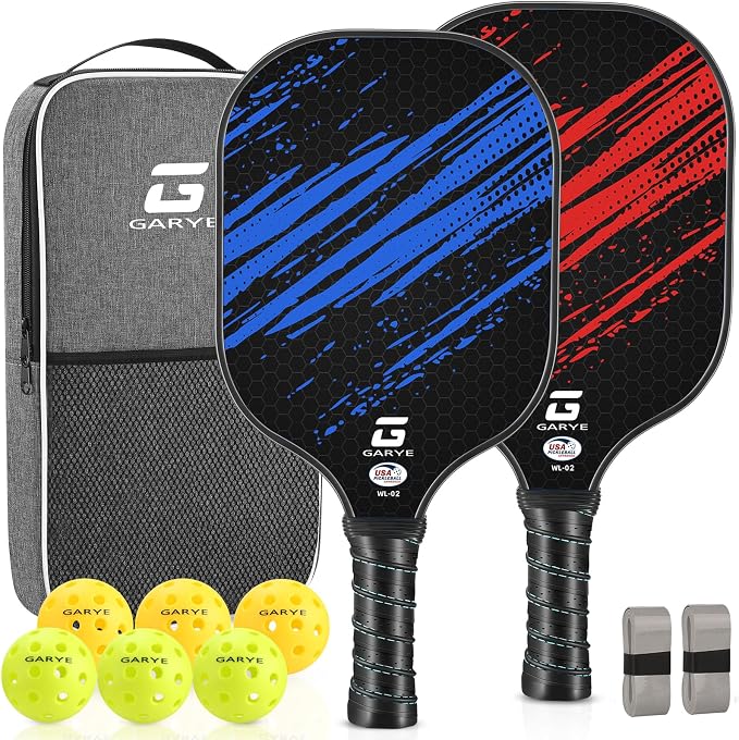 GARYE Pickleball Paddles Set of 2 or 4, USAPA Approved Carbon Fiber Pickleball Set, Lightweight Pickle Ball Rackets 2 Pack with 6 Balls, 1 Bag, Pair of Grip Tapes, Pickle Ball Paddle for Men and Women